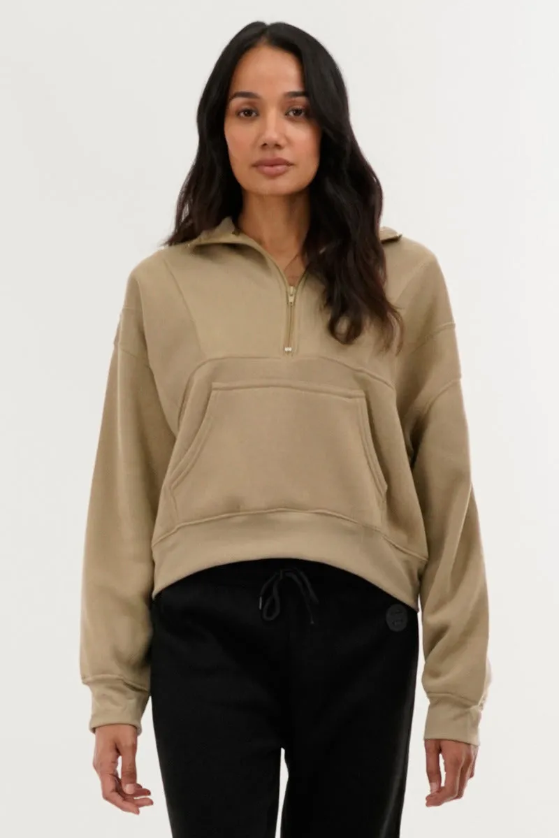 Fahrenheit Half Zip Cropped Sweatshirt - Beige sold by Fairweather