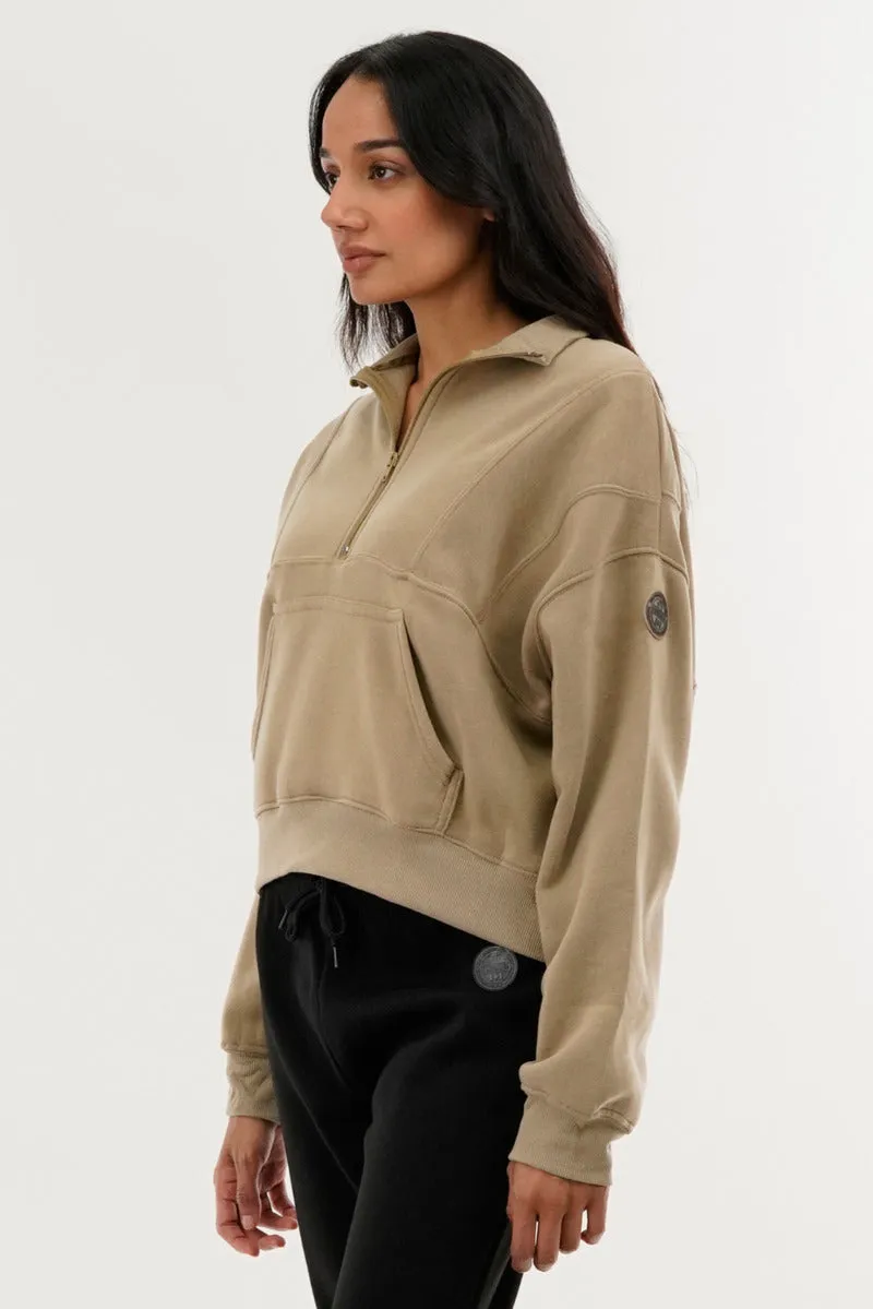 Fahrenheit Half Zip Cropped Sweatshirt - Beige sold by Fairweather product image thumbnail 2