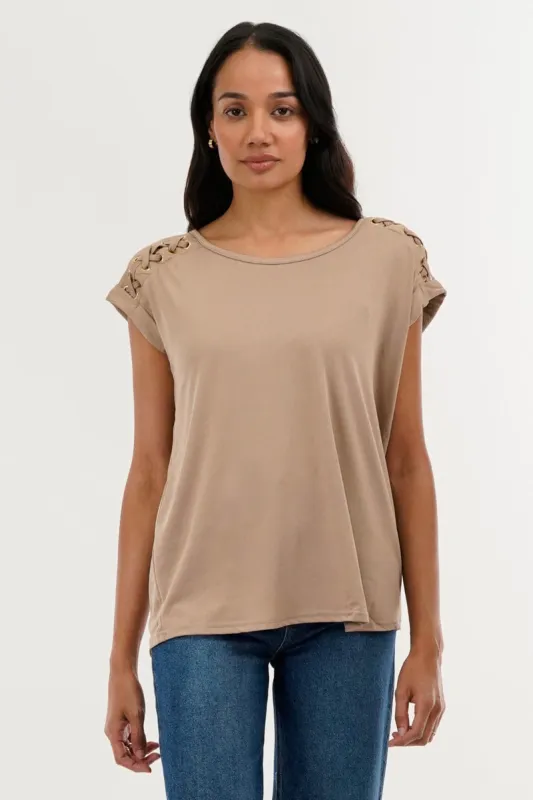 International INC Company Shoulder Lace Up Tee - Taupe sold by Fairweather