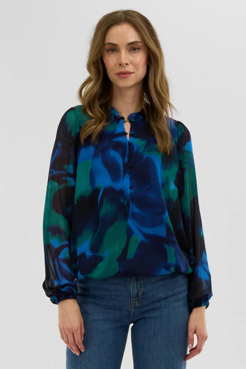 Costa Blanca Patterned Sheer Sleeve Blouse - Navy sold by Fairweather