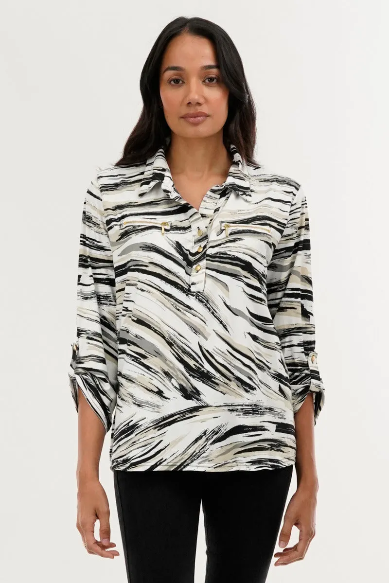 International INC Company Patterned Roll Up Sleeve Blouse - White sold by Fairweather