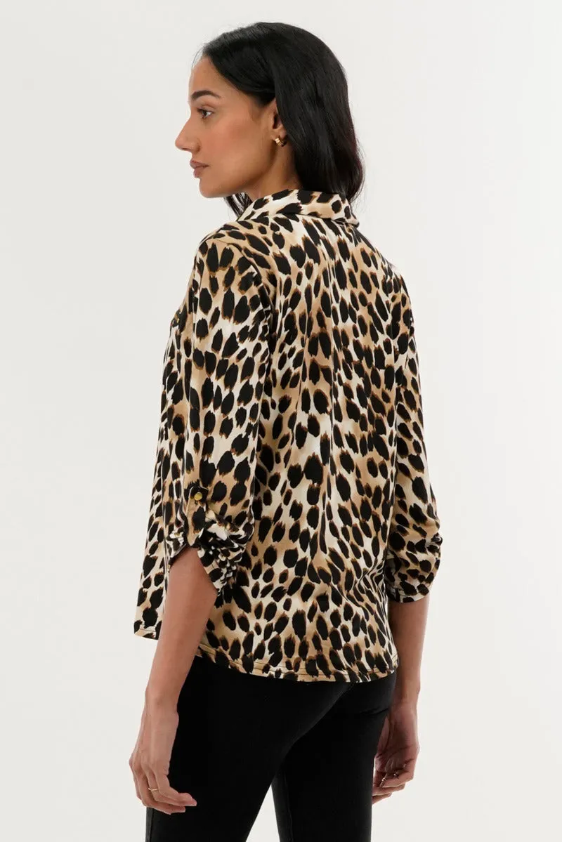Leopard Print Roll Up Sleeve Blouse - Beige sold by Fairweather product image thumbnail 3