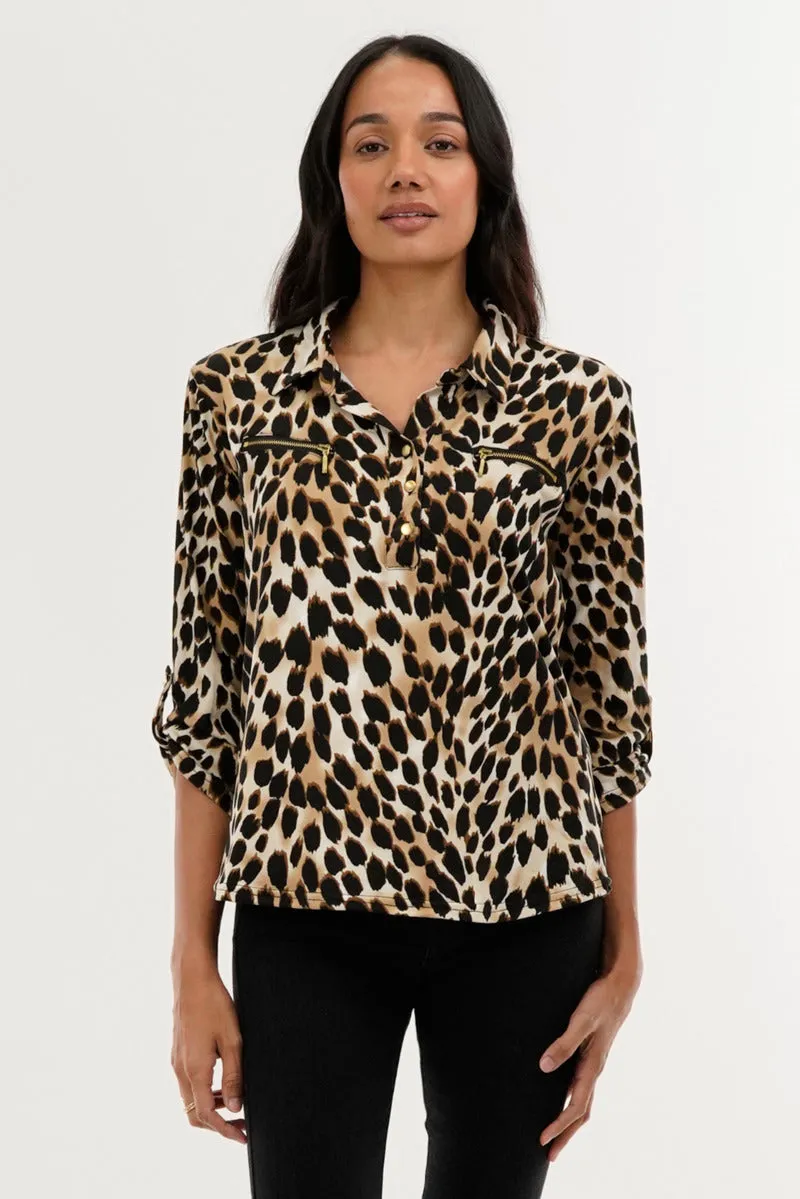 Leopard Print Roll Up Sleeve Blouse - Beige sold by Fairweather