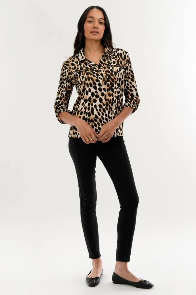 Leopard Print Roll Up Sleeve Blouse - Beige sold by Fairweather product image thumbnail 5