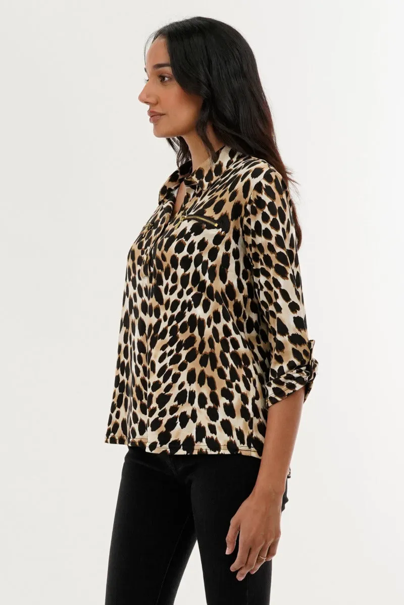 Leopard Print Roll Up Sleeve Blouse - Beige sold by Fairweather product image thumbnail 2