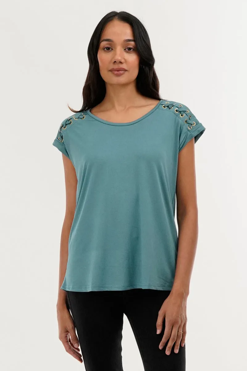 International INC Company Shoulder Lace Up Tee - Teal sold by Fairweather