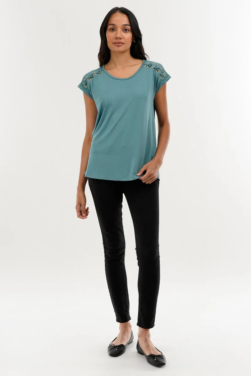 International INC Company Shoulder Lace Up Tee - Teal sold by Fairweather product image thumbnail 5