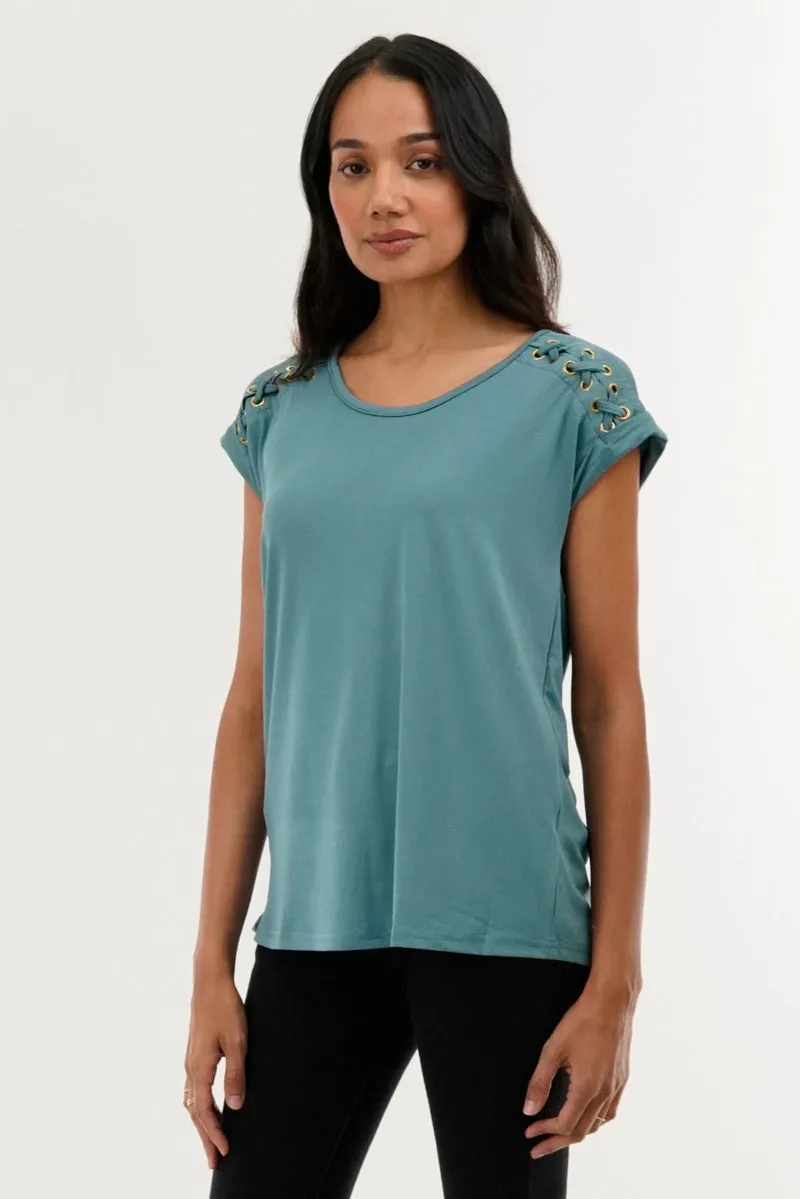 International INC Company Shoulder Lace Up Tee - Teal sold by Fairweather product image thumbnail 2