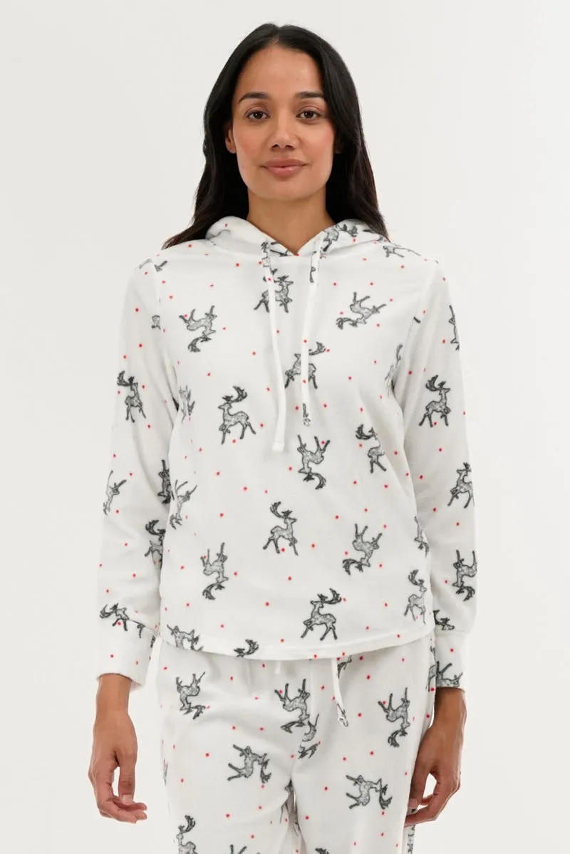 Canada Weather Gear Reindeer Print Hooded Pajama Top - White sold by Fairweather
