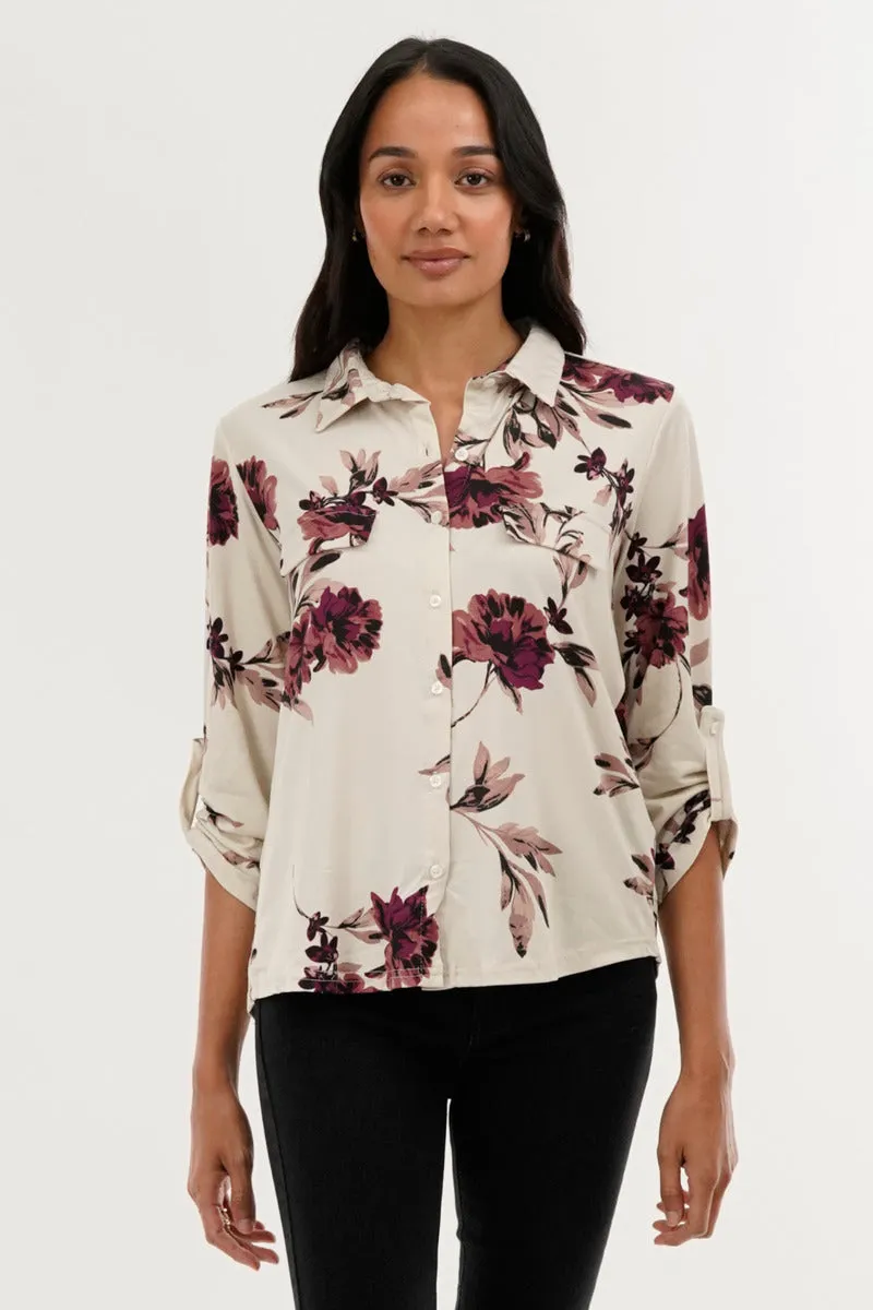 Floral Button Down Shirt - Beige sold by Fairweather