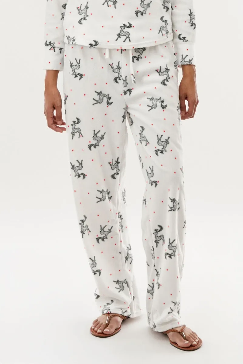 Reindeer Print Wide Leg Pajama Pants - White sold by Fairweather