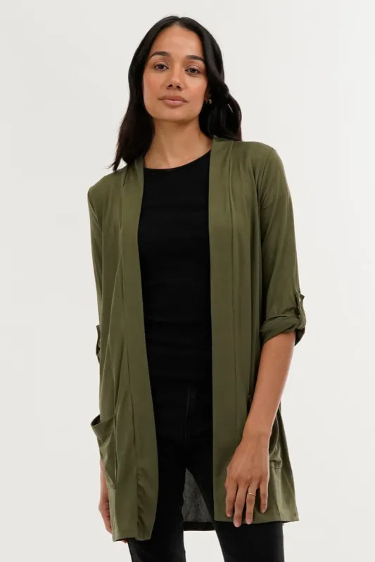 International INC Company Roll Up Sleeve Wrap Cardigan - Olive sold by Fairweather