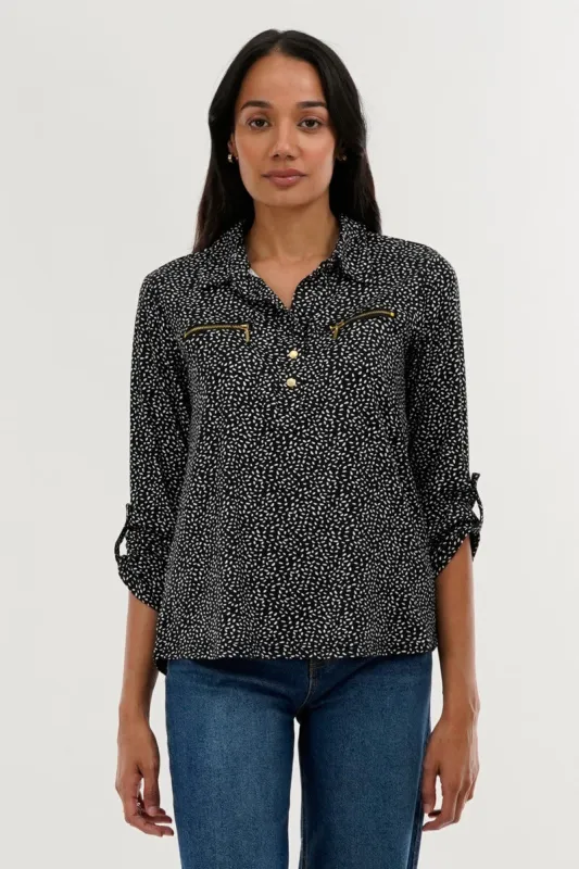 International INC Company Patterned Roll Up Sleeve Blouse - Black sold by Fairweather