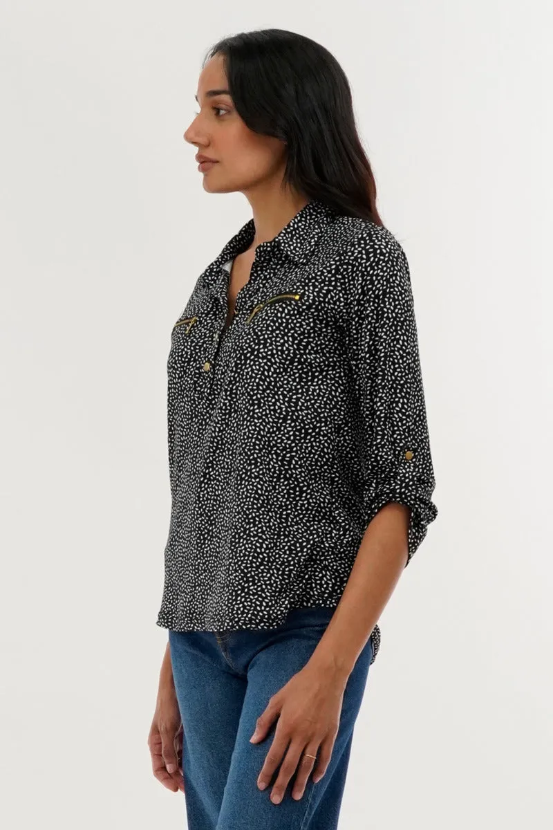 Patterned Roll Up Sleeve Blouse - Black sold by Fairweather product image thumbnail 2