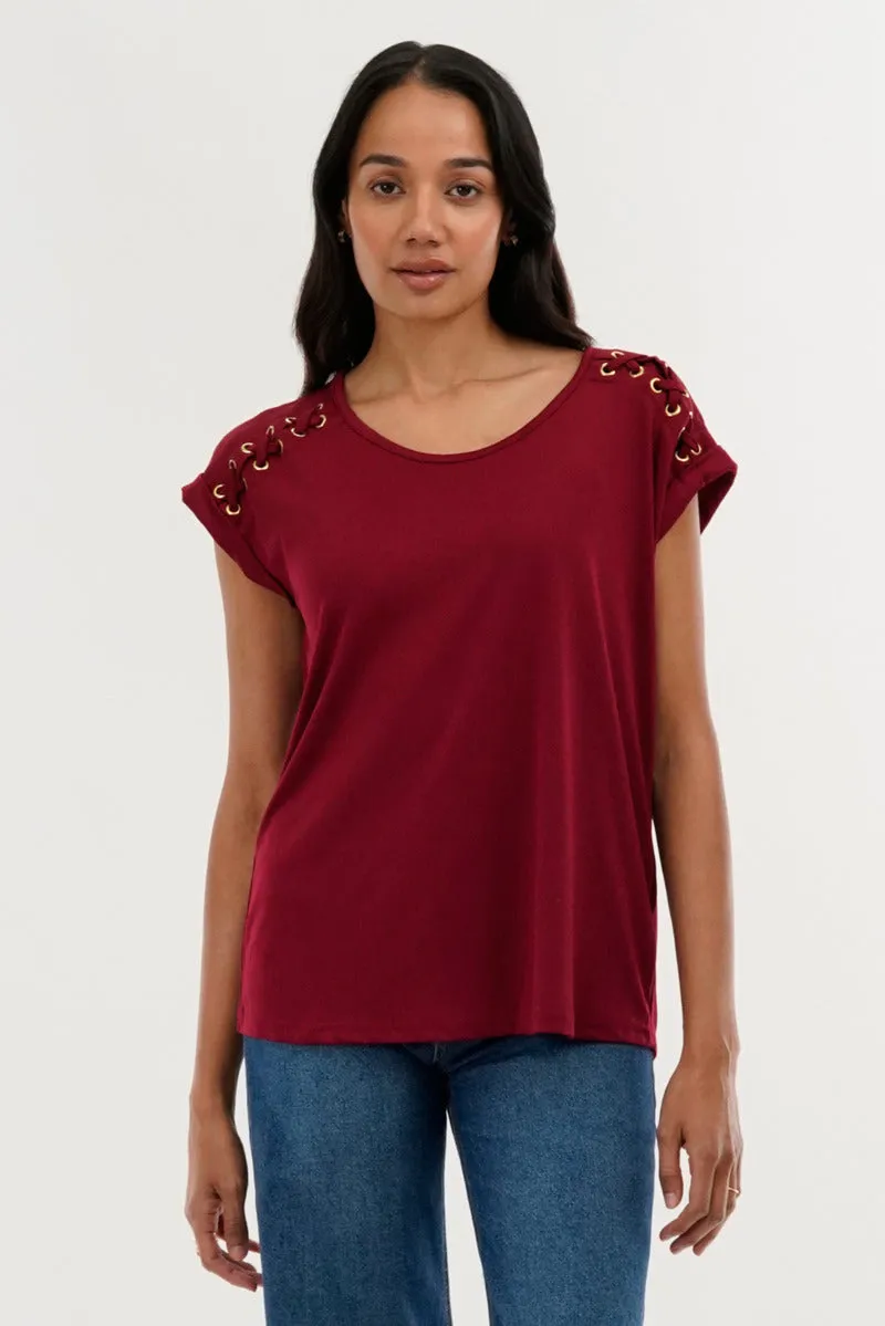 International INC Company Shoulder Lace Up Tee - Burgundy sold by Fairweather