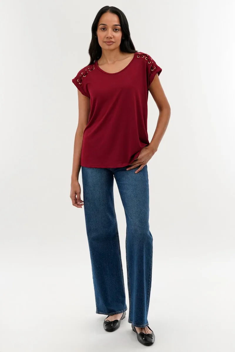 International INC Company Shoulder Lace Up Tee - Burgundy sold by Fairweather product image thumbnail 5