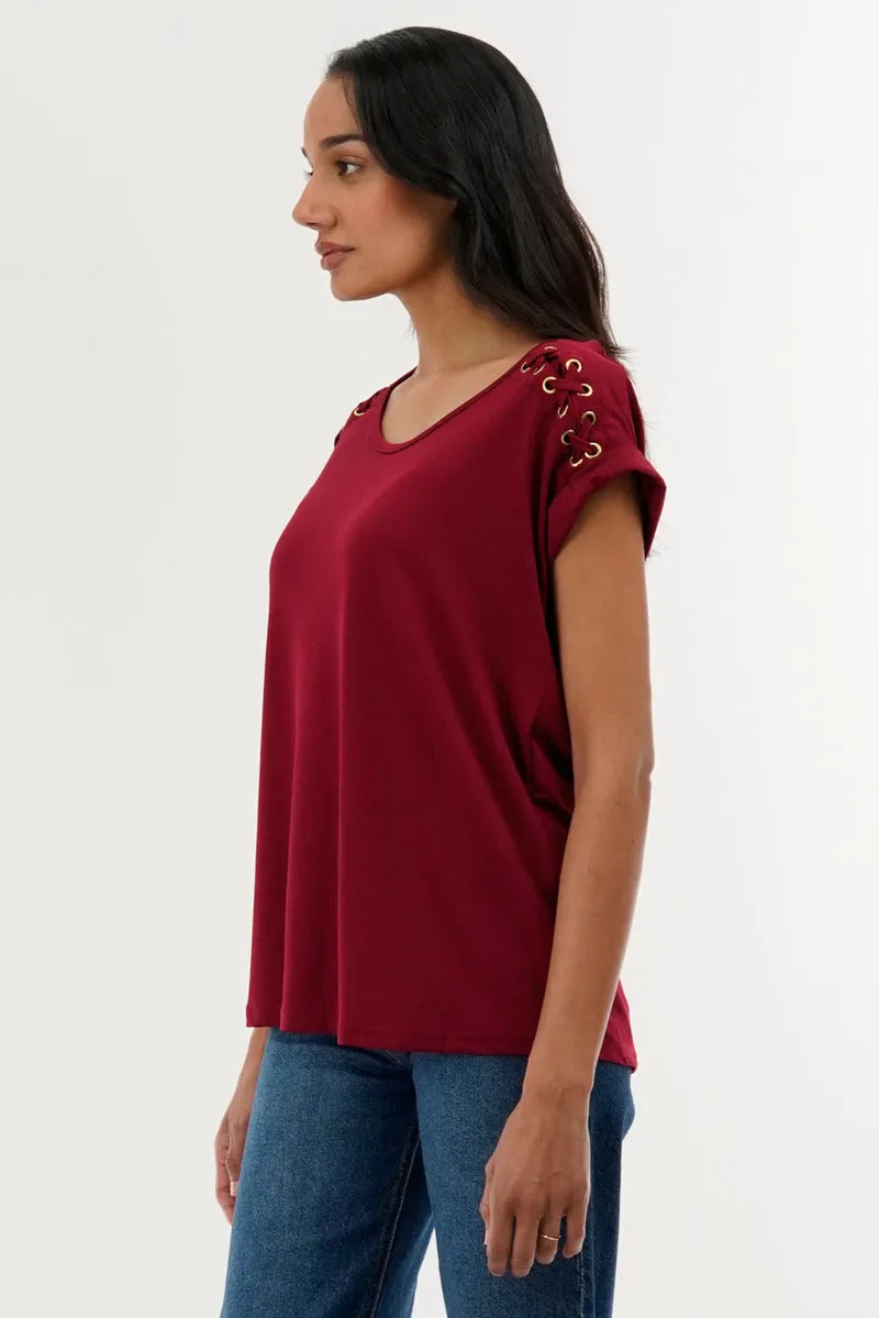 International INC Company Shoulder Lace Up Tee - Burgundy sold by Fairweather product image thumbnail 2