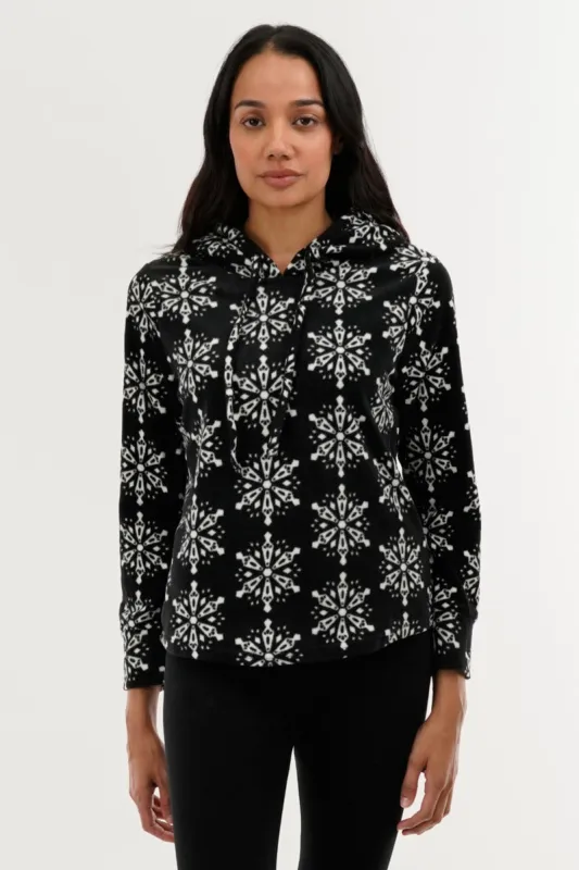 Canada Weather Gear Festive Print Hooded Pajama Top - Black sold by Fairweather