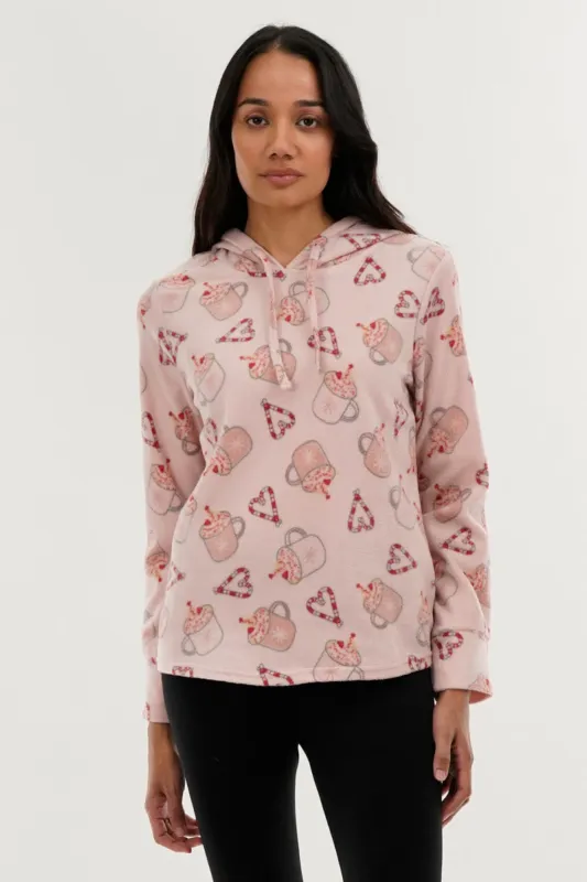 Canada Weather Gear Festive Print Hooded Pajama Top - Pink sold by Fairweather