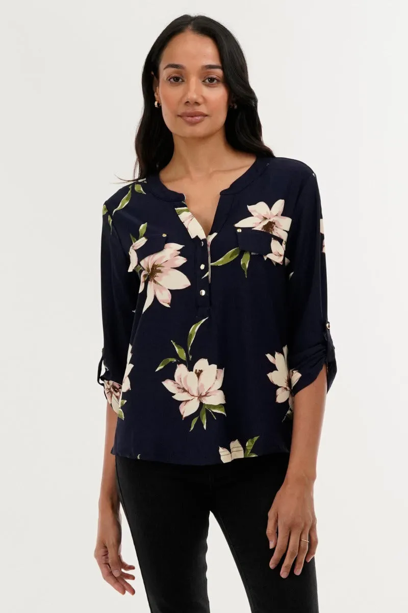 International INC Company Floral Split Neck Blouse - Navy sold by Fairweather