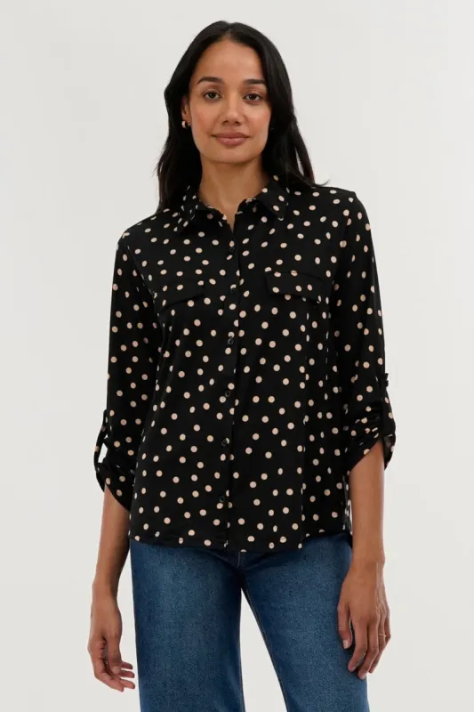 International INC Company Polka Dot Pattern Button Down Shirt - Black sold by Fairweather