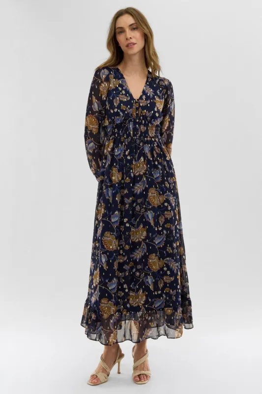 Costa Blanca Floral Long Sleeve Chiffon Maxi Dress - Navy sold by Fairweather