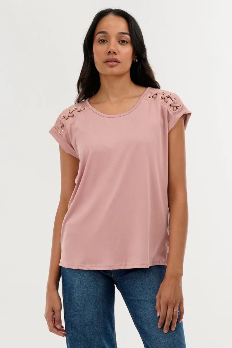 Shoulder Lace Up Tee - Pink sold by Fairweather