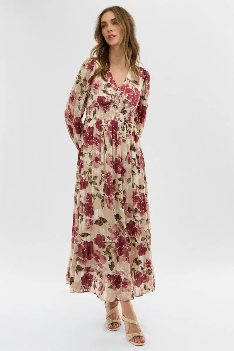 Costa Blanca Floral Long Sleeve Chiffon Maxi Dress - Beige sold by Fairweather product image thumbnail 5