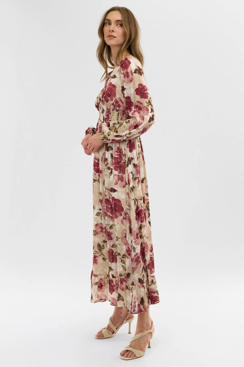 Costa Blanca Floral Long Sleeve Chiffon Maxi Dress - Beige sold by Fairweather product image thumbnail 2