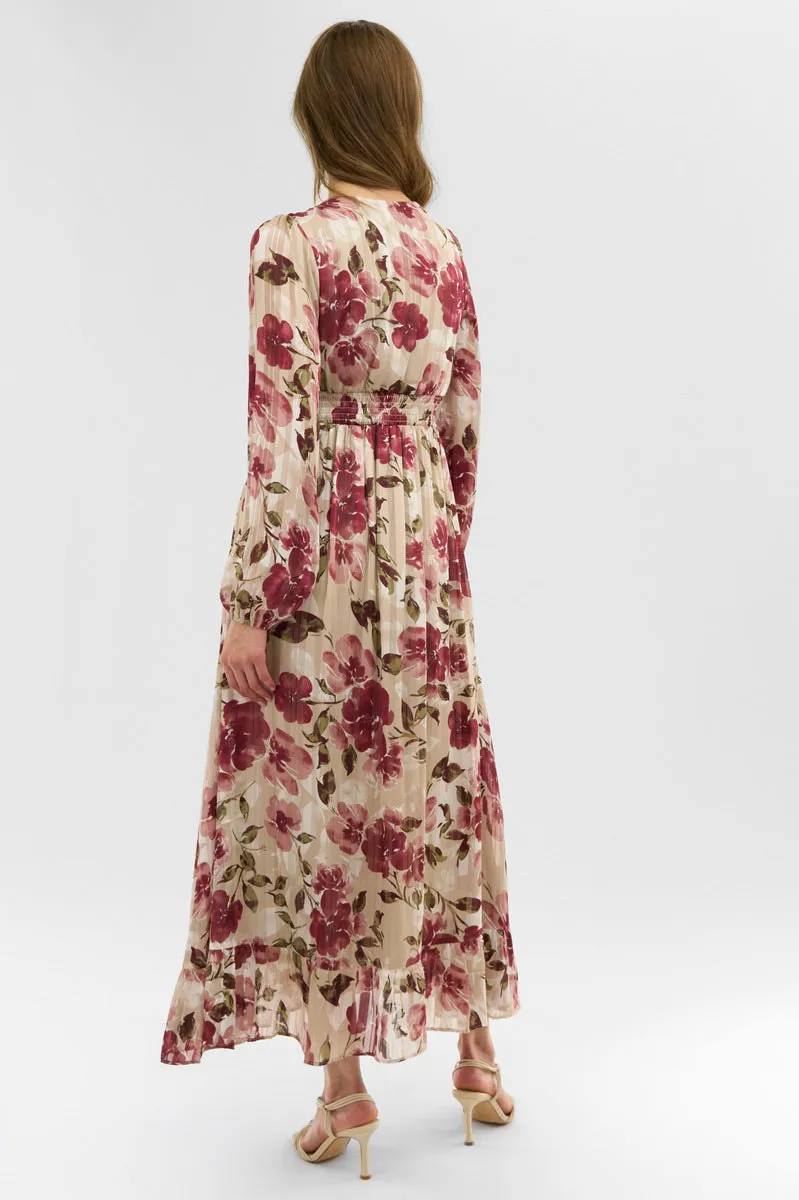 Costa Blanca Floral Long Sleeve Chiffon Maxi Dress - Beige sold by Fairweather product image thumbnail 3