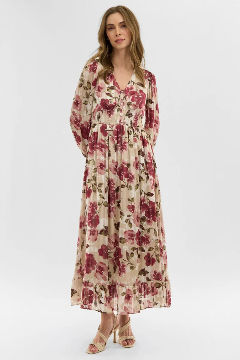 Costa Blanca Floral Long Sleeve Chiffon Maxi Dress - Beige sold by Fairweather