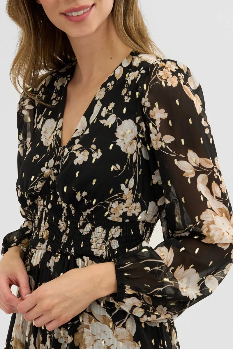 Costa Blanca Floral Long Sleeve Chiffon Maxi Dress - Black sold by Fairweather product image thumbnail 4