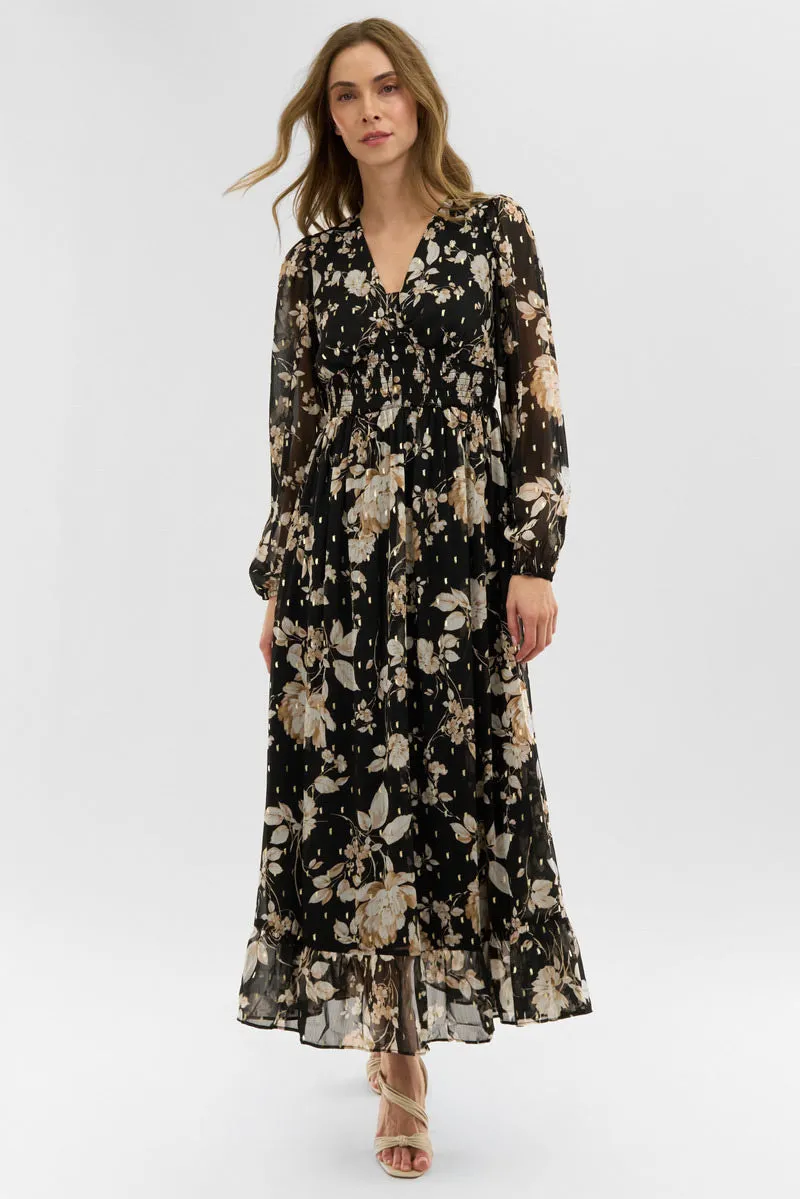 Costa Blanca Floral Long Sleeve Chiffon Maxi Dress - Black sold by Fairweather product image thumbnail 5