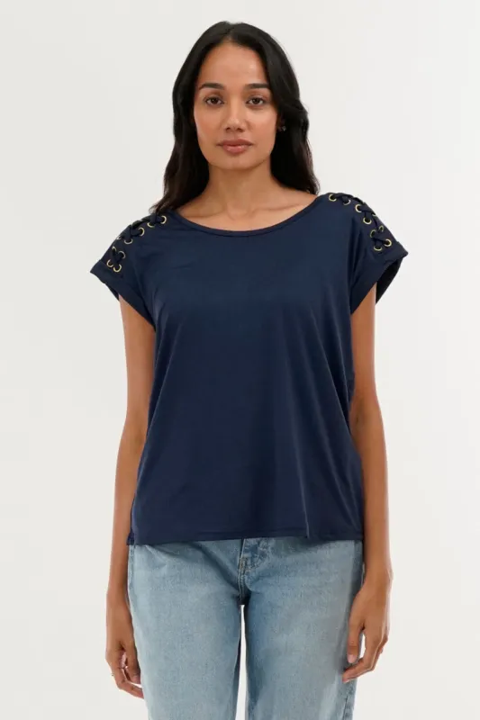 International INC Company Shoulder Lace Up Tee - Navy sold by Fairweather