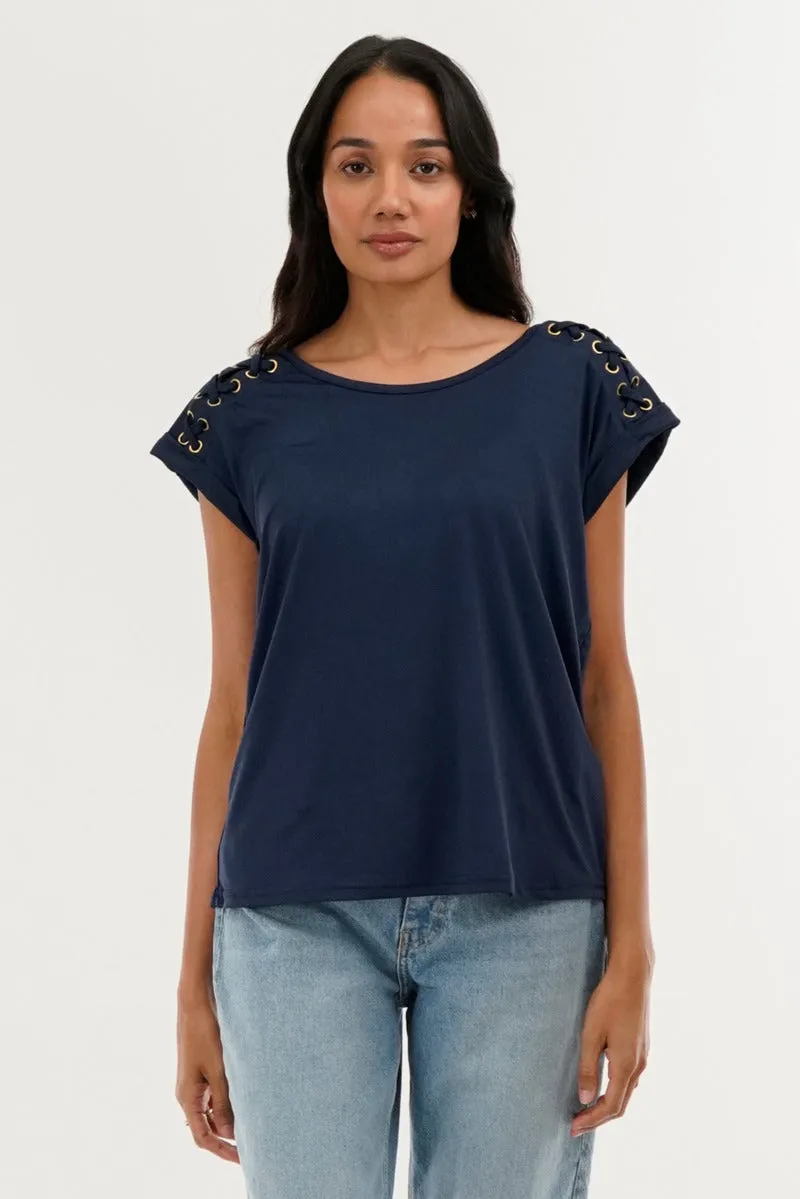 Shoulder Lace Up Tee - Navy sold by Fairweather
