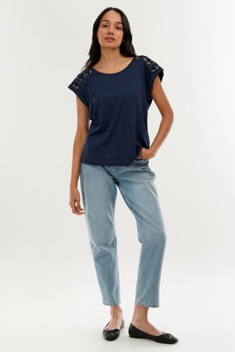 Shoulder Lace Up Tee - Navy sold by Fairweather product image thumbnail 5