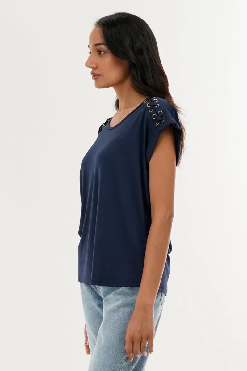 Shoulder Lace Up Tee - Navy sold by Fairweather product image thumbnail 2