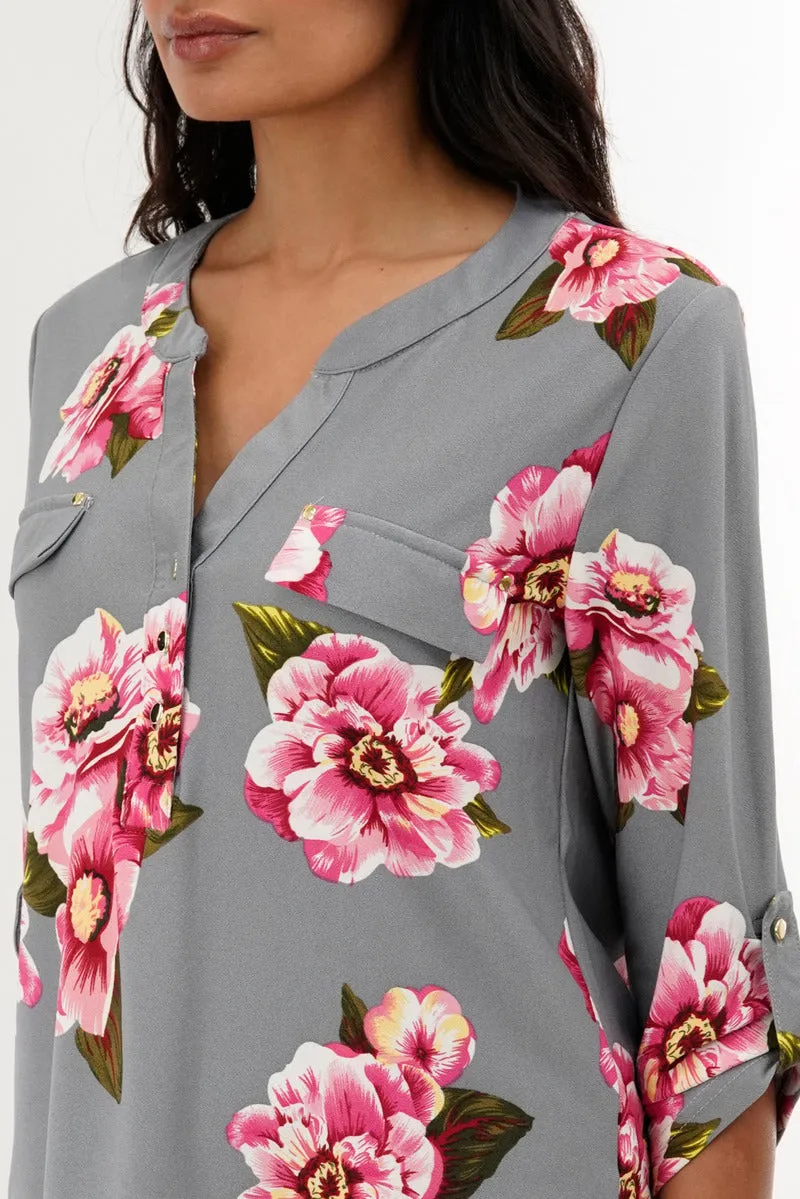 International INC Company Floral Split Neck Blouse - Grey sold by Fairweather product image thumbnail 4