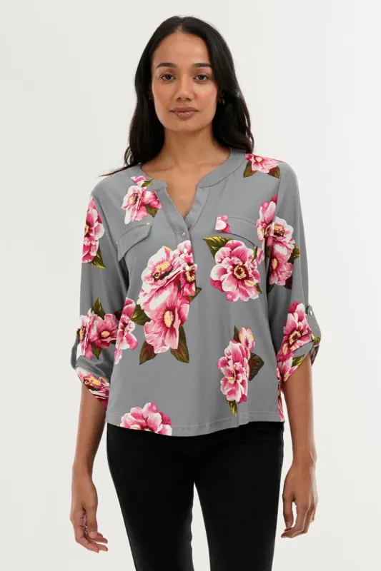 International INC Company Floral Split Neck Blouse - Grey sold by Fairweather