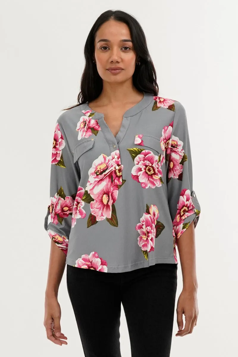 International INC Company Floral Split Neck Blouse - Grey sold by Fairweather