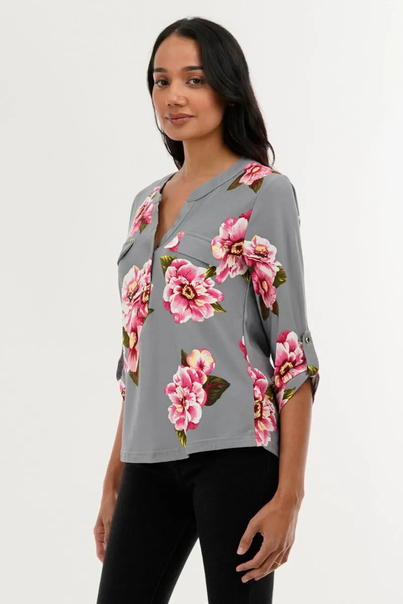 International INC Company Floral Split Neck Blouse - Grey sold by Fairweather product image thumbnail 2