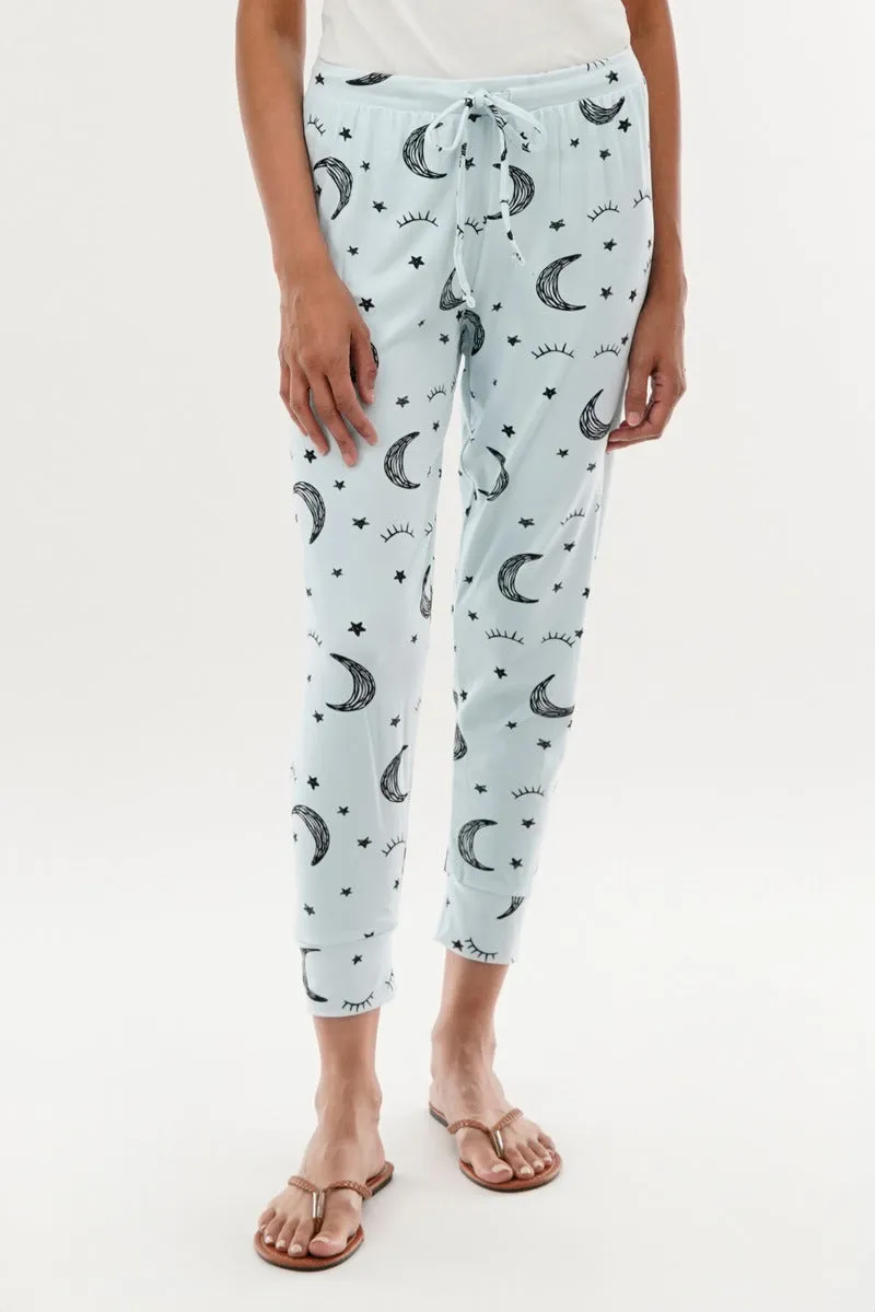 Moon Print Tie Waist Pajama Pants - Blue sold by Fairweather