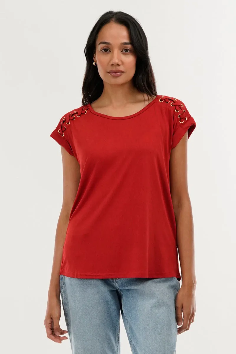 Shoulder Lace Up Tee - Coral sold by Fairweather