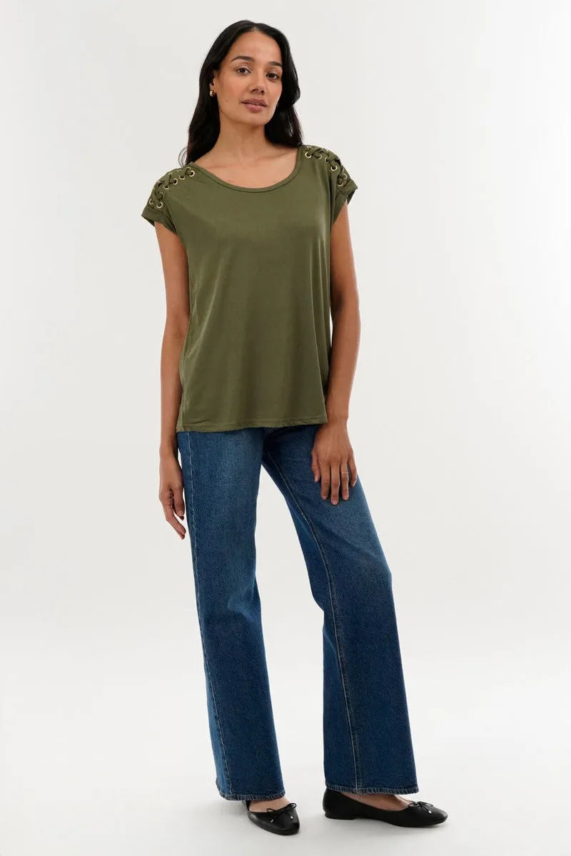 International INC Company Shoulder Lace Up Tee - Olive sold by Fairweather product image thumbnail 5