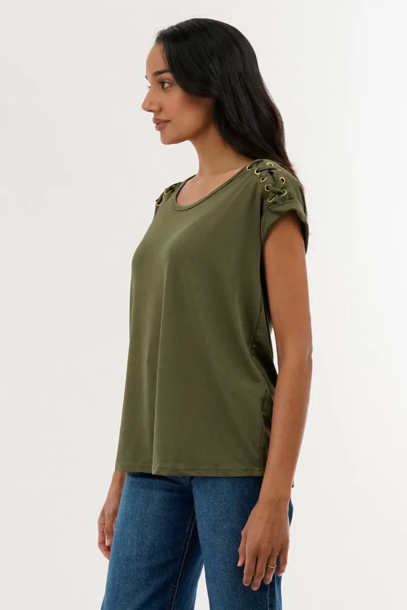 International INC Company Shoulder Lace Up Tee - Olive sold by Fairweather product image thumbnail 2