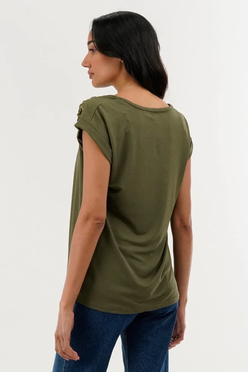 International INC Company Shoulder Lace Up Tee - Olive sold by Fairweather product image thumbnail 3