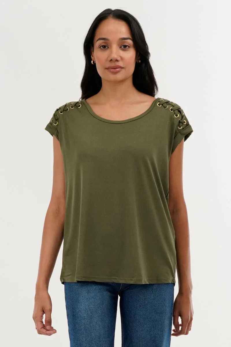 International INC Company Shoulder Lace Up Tee - Olive sold by Fairweather