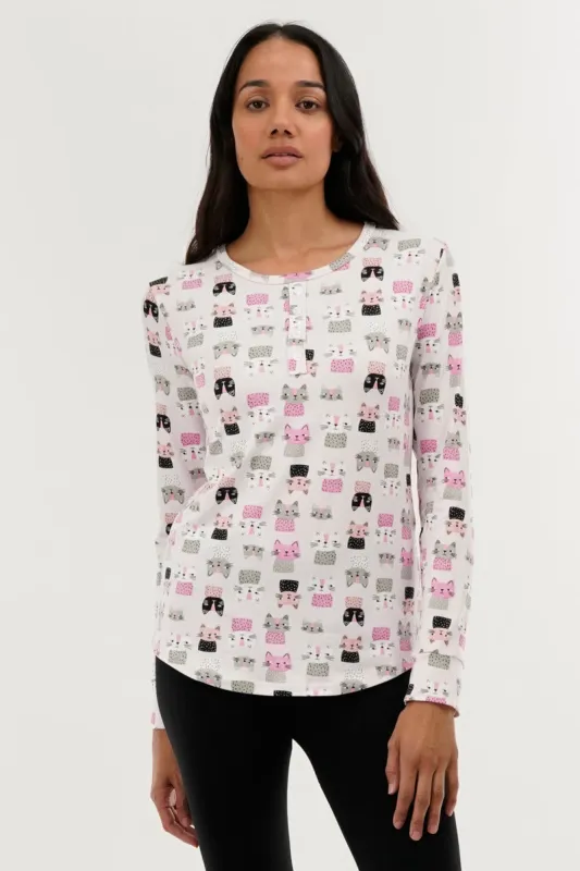 Canada Weather Gear Cat Print Henley Pajama Top - Blush sold by Fairweather