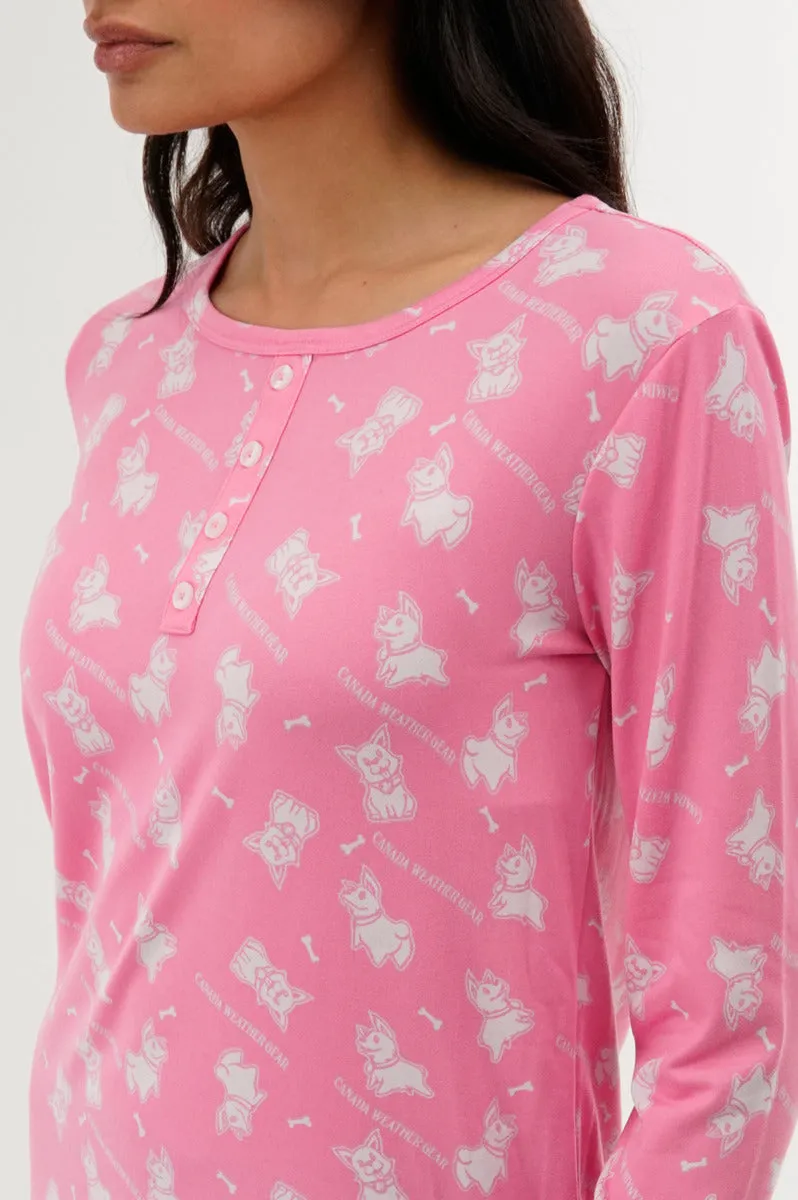 Canada Weather Gear Dog Print Henley Pajama Top - Pink sold by Fairweather product image thumbnail 4