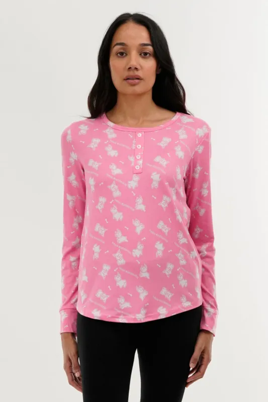 Canada Weather Gear Dog Print Henley Pajama Top - Pink sold by Fairweather